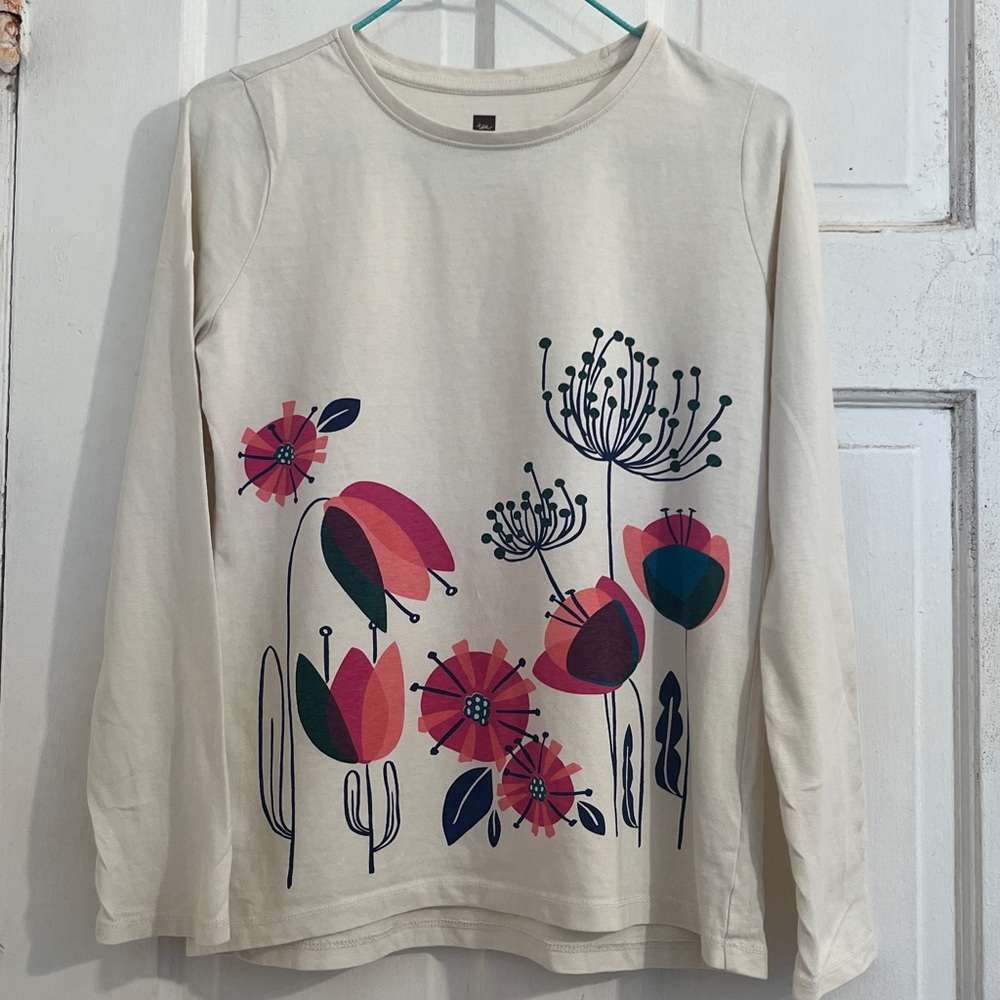 Tea Collection girls Cream Long Sleeve Floral Graphic Tee in size 12